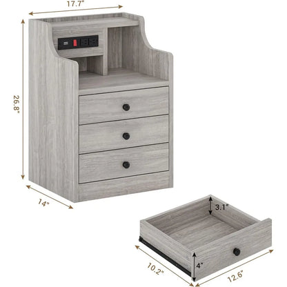 Table de chevet avec huche et station de charge, tables de chevet avec 3 pour chambres à coucher, ensemble de 2, table de chevet