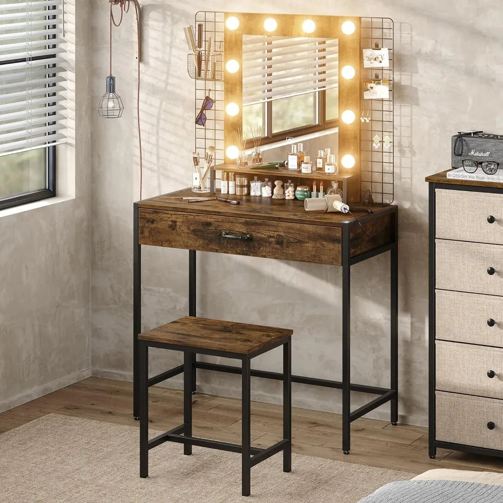 Dressers Set with LED Lights and Mirror,  Drawer & Charging Station, Dressing Table with Stool for Bedroom, Dressers