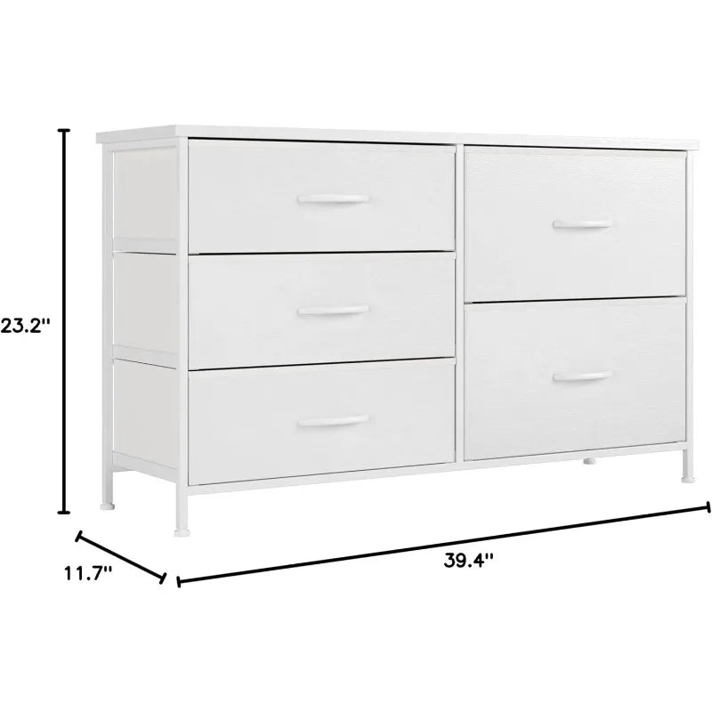 White Dresser for Bedroom with 5 Drawers, Small Dresser for Kids' Bedroom, Closet, Wide Chest of Drawers