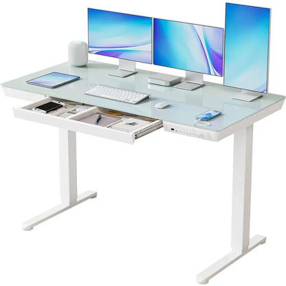 Bureau debout électrique avec tiroirs, bureau en verre de 55 pouces, hauteur réglable, bureau à domicile ergonomique