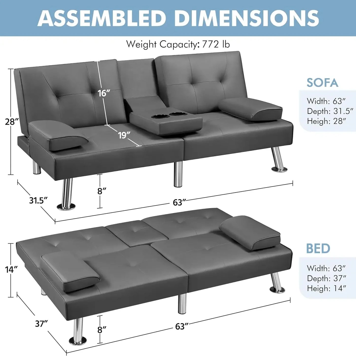 Sofá cama ajustable Sofá cama doble Sofá cama plegable Cama de invitados, portavasos, Cama Sillón moderno de cuero artificial