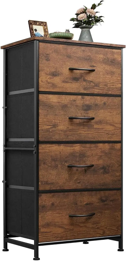 Dresser with 4 Drawers, Fabric Storage Tower, Organizer Unit for Bedroom, Hallway, Entryway,Closets, Sturdy Steel Frame,Wood Top