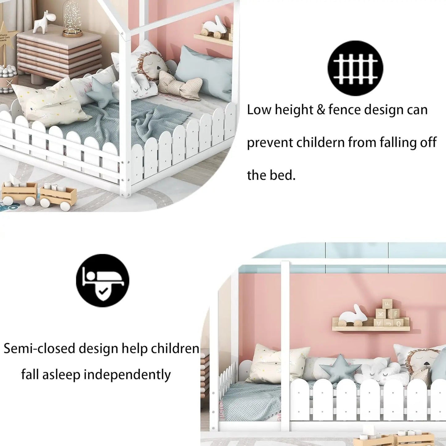 Lit de maison pleine grandeur pour enfants, lit Montessori pleine grandeur avec cadre de lit en bois en forme de clôture pour tout-petits, pour filles et garçons