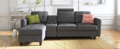 Sofa, Convertible Modular L-shaped Sofa with Cup Holder, 4-seater Sofa with Double-sided Chaise Longue, Light Grey Sofa