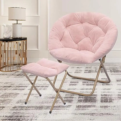 Oversized Foldable Faux Fur Saucer Chair Footstool Metal Frame Cozy Soft Comfy Dorm Living Room Bedroom Lounger 300lbs Capacity