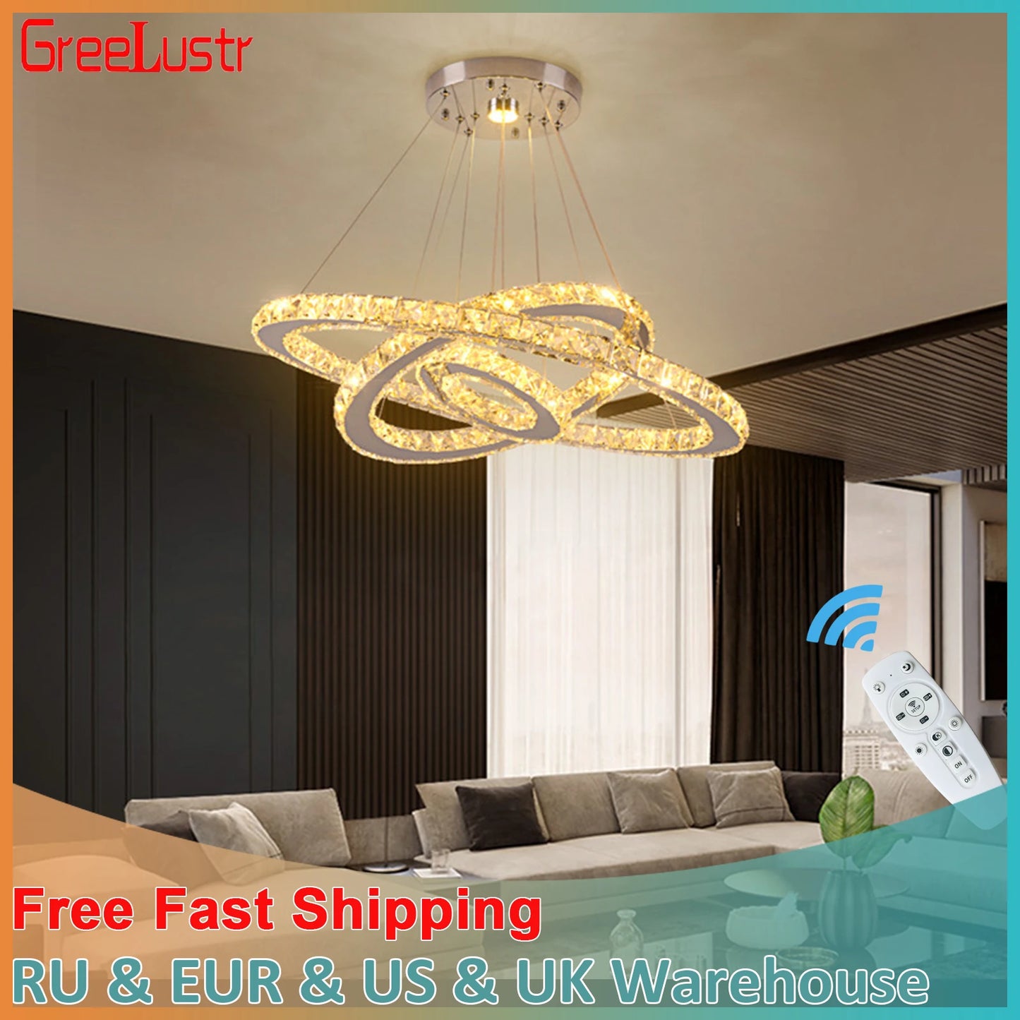 Luxury Crystal Modern Pendant Light DIY Rings Led Dimmable Chandelier Hanging Lustre Ceiling Lamp Home Living Room Decor Fixture