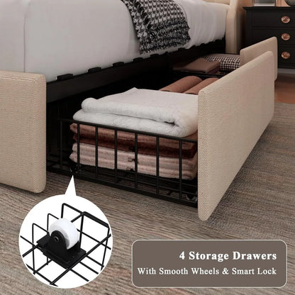 Upholstered Full Size Bed Frame with 4 Storage Drawers, Charging Station and Tufted Wingback Storage Headboard