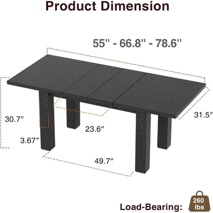 Mesa de comedor extensible de 55'' a 78'' Mesa de comedor moderna negra con diseño extensible de 3 etapas Mesa de cocina rectangular estilo granja