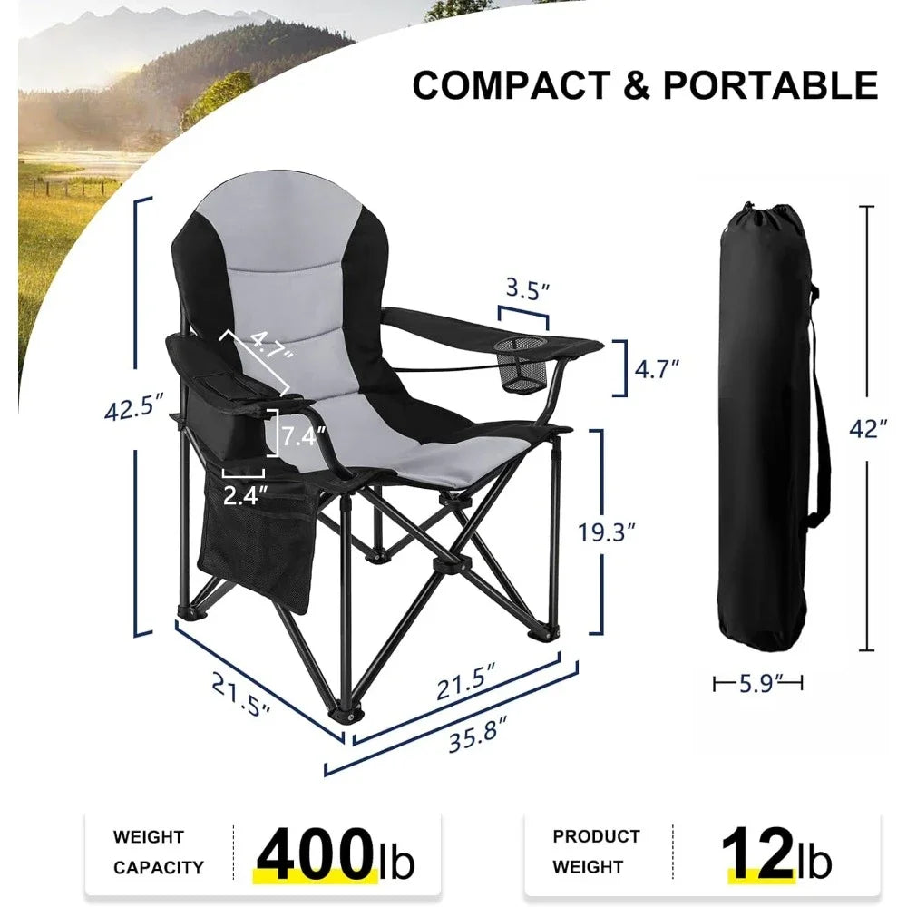 Chaise de camping surdimensionnée et robuste pour l'extérieur, supporte 400 lb, sac de transport inclus, chaises de camping pliantes rembourrées pour personnes lourdes