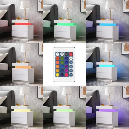 Mesita de noche LED Mesita de noche Mueble de madera con luces para dormitorio, Mesita de noche con 2 cajones, Mesitas de noche para dormitorio