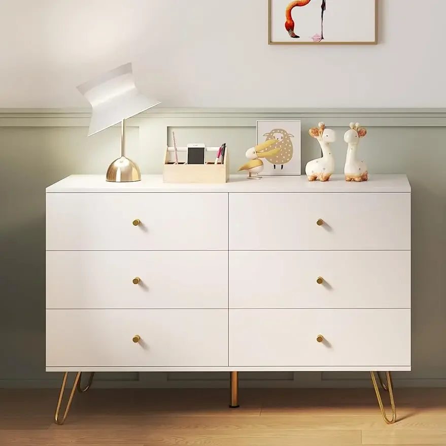 Dresser for Bedroom with 6 Drawer, Wood Dressers & chests of Drawers with Gold Knobs, Modern Storage Closet,White/Blue/Black