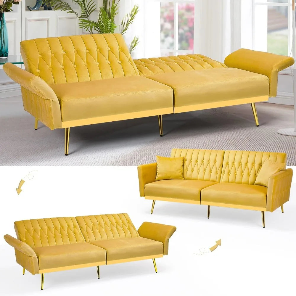 Canapé-lit futon en velours de 70 po avec dossiers et accoudoirs réglables, canapé-lit futon convertible avec deux oreillers, lit-lit capitonné