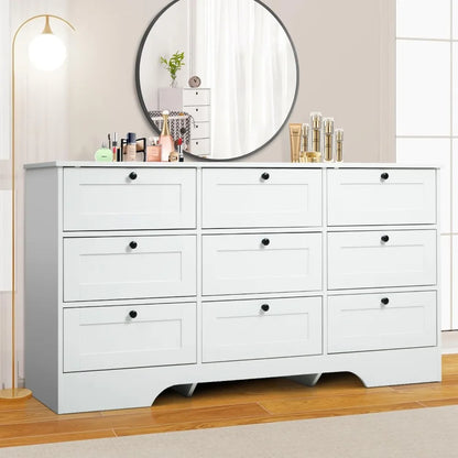 9 Drawer Dresser, White Long Dresser for Bedroom, Modern Wood Wide Dresser, Large Storage Chest of Drawers for Living Room