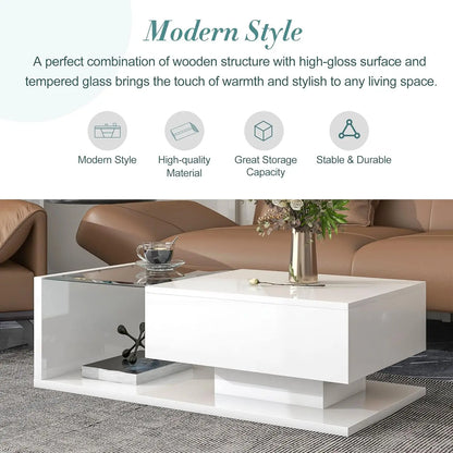 Modern Coffee Table with Tempered Glass,Small Coffee Table with High-Gloss UV Surface,2-Tier Coffee Table for Living Room,White