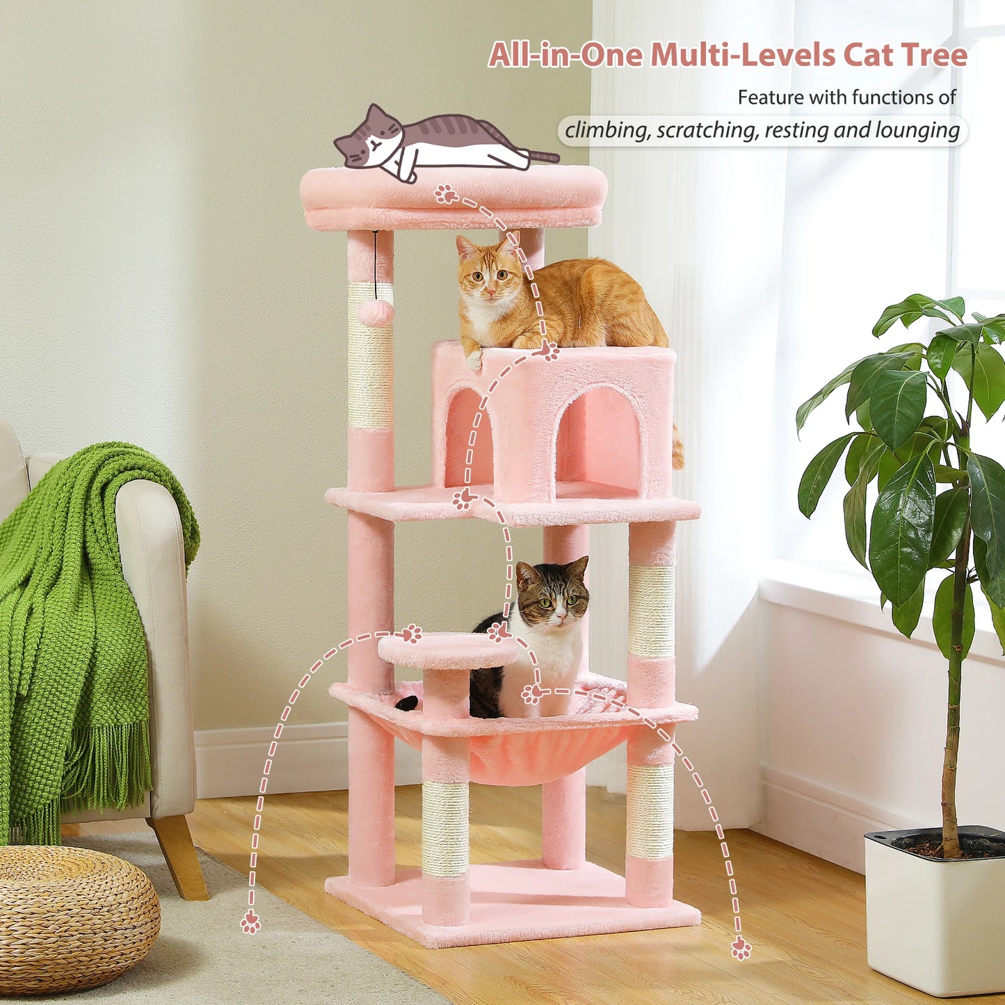 Arbre à chat à plusieurs niveaux avec hamac, condo pour chat, tour pour chat pour grattoir d'intérieur, poteaux à gratter pour chats, maison pour chaton, lit, jouets pour chats