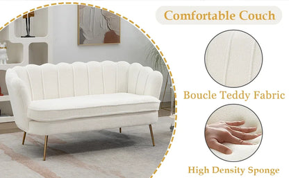 Sofa with 2 seats, Teddy Small Sofa with Gold Metal Legs, 59” Modern 2 Sater Sofa with Flower Backrest, Living Room Furniture