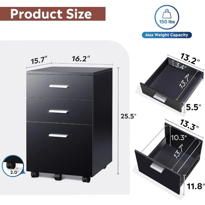 3 Drawer Wood Mobile File Cabinet, Rolling Filing Cabinet for Letter/A4 Size, Black Filing Cabinets