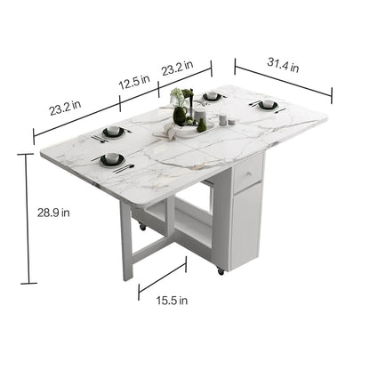 Dining Table with Storage Rack and 2 Drawers, Movable Kitchen Table Extendable Versatile Table Space Saving Foldable in 3 Forms