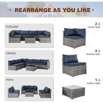 7 Pieces Patio Furniture Set, Modular Patio Set Wicker Outdoor Sectional Sofa Set PE Rattan Wicker Patio Conversation Set。