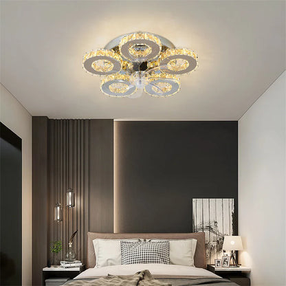 Crystal 5-Ring Fan Light Living Room Ceiling Light Stainless Steel Fixture Fandelier Plafon Fan Lamps Luminaire Led Chandelier