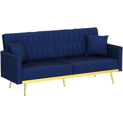 Canapé-lit futon en velours de 70 po avec dossiers et accoudoirs réglables, canapé-lit futon convertible avec deux oreillers, lit-lit capitonné