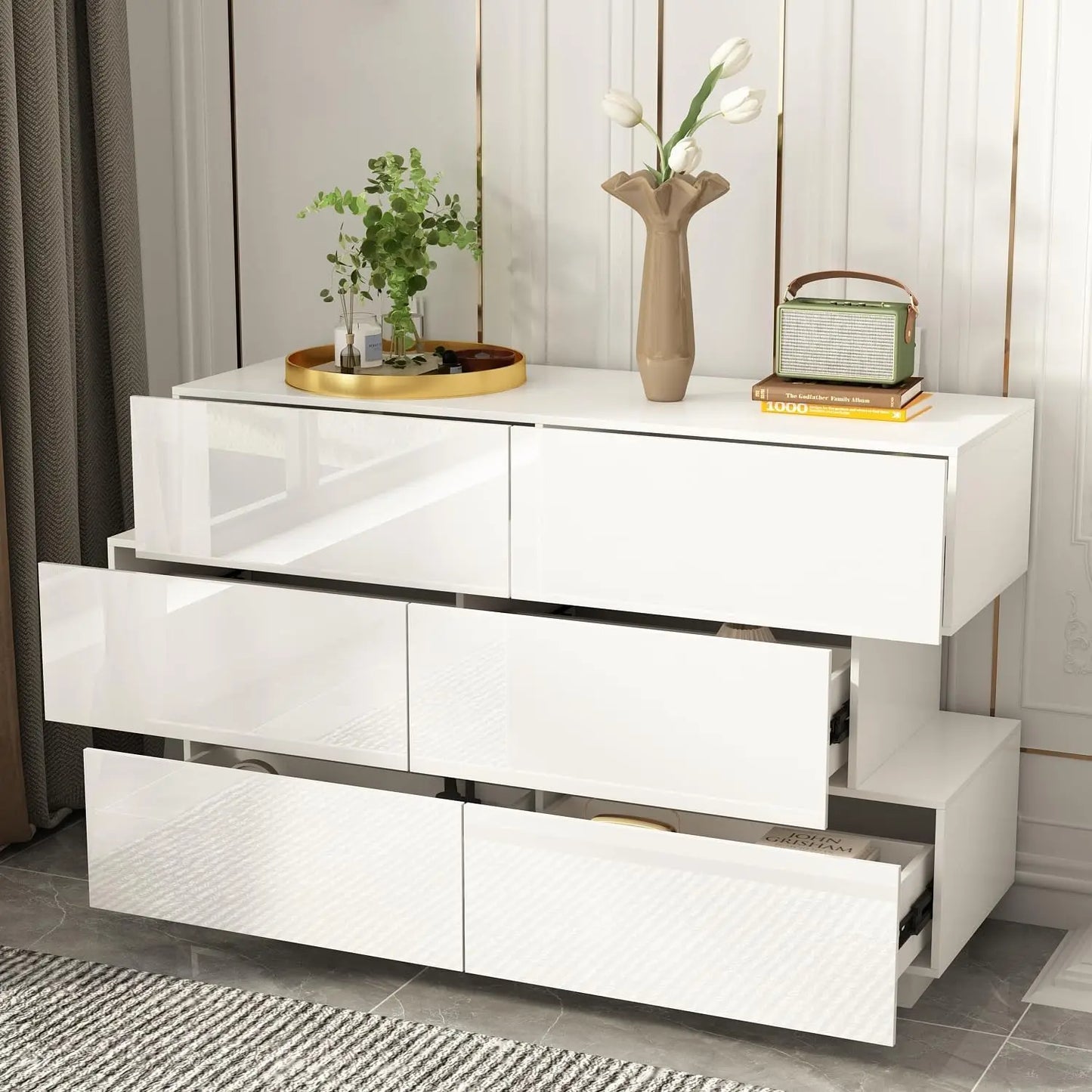 Cómoda doble de 6 cajones, cómoda de madera con superficie brillante, mueble de almacenamiento con acento para dormitorio y sala de estar, color blanco y negro