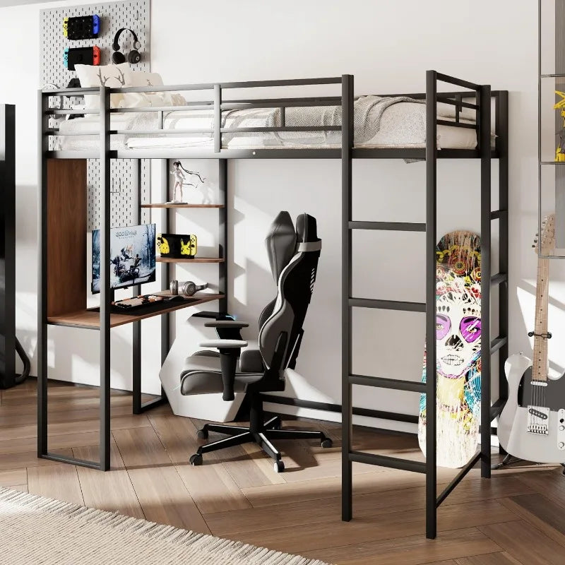 Metal bunk loft bed with 2 bookshelves and 1 desk, loft bed frame with 2 built-in ladders, no noise, no springs required