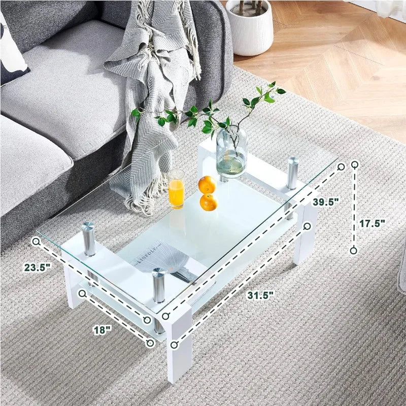 Living Room Rectangle Coffee Table, Tea Table Suitable for Waiting Room Modern Side Coffee Table with Wooden Leg, Glass Tabletop