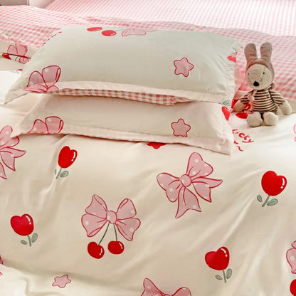 Kawaii Pink Bowknot Duvet Cover Set NO Filler Girls Bedding and Flat Sheet Pillowcase Twin Queen Full Fashion Quilt Cover Decor