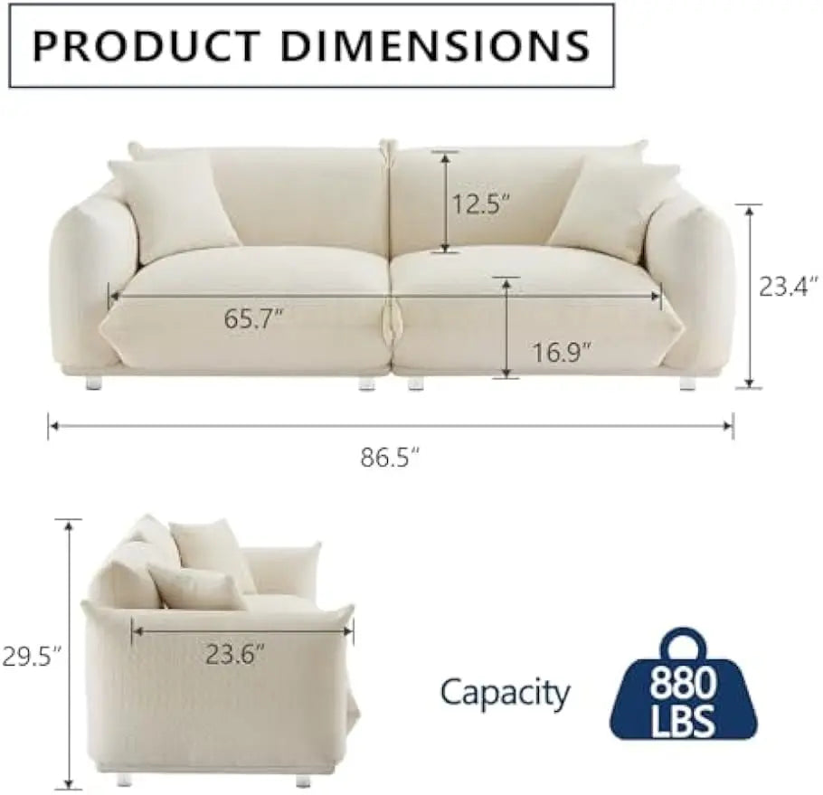 3 Seater Oversized Cloud Couch Loveseat Sofa w/2 Pillows,Comfy Sherpa Lambswool Fabric Modular Sectional Sofa w/Metal Legs,White