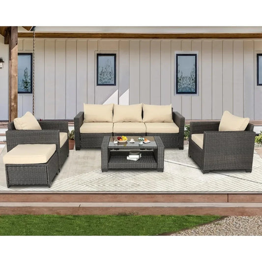 7 Pieces Patio Furniture Sets Outdoor Rattan Wicker Conversation Sofa Garden Sectional Sets With Washable Garden Furniture Sets