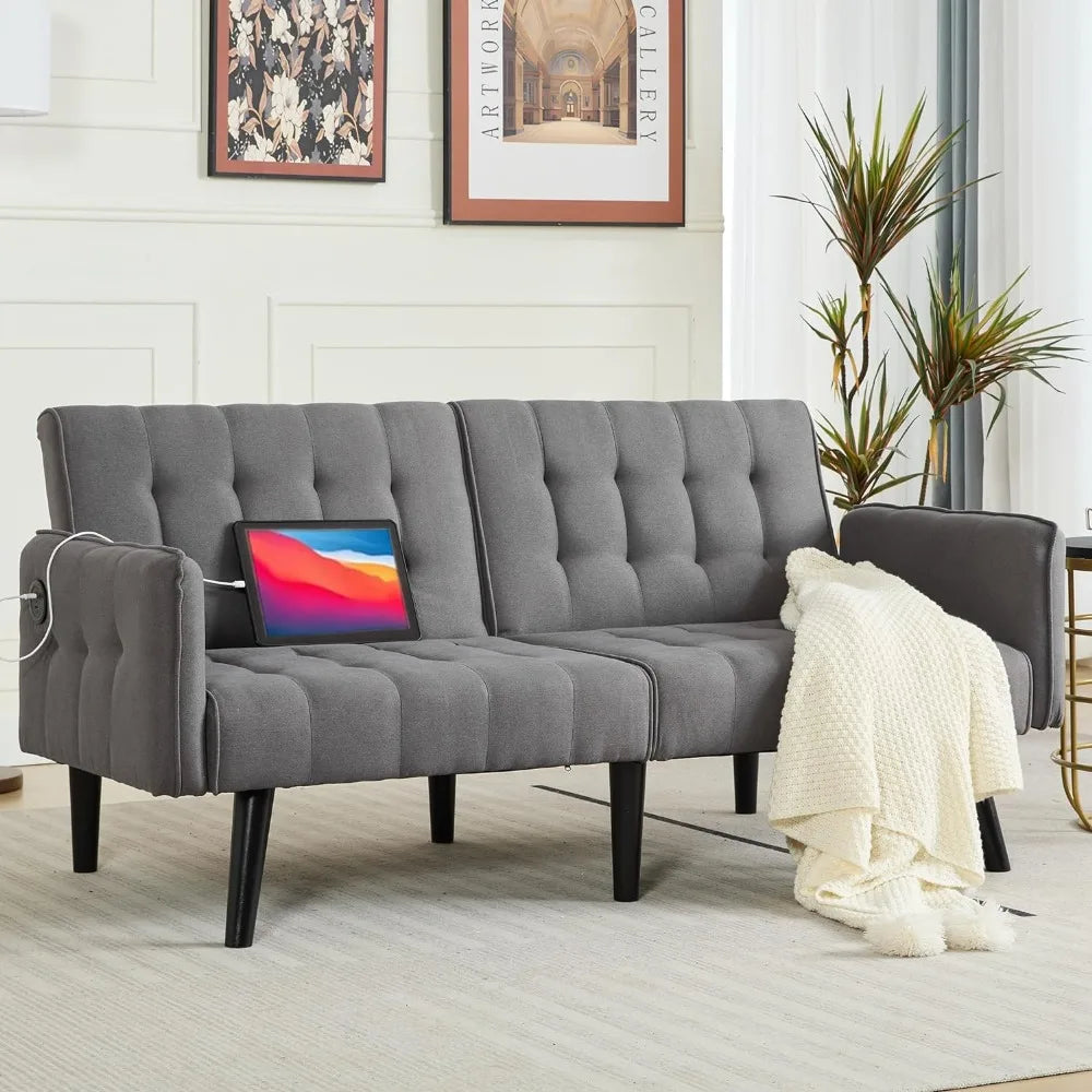 Canapé-lit futon convertible de 65 po avec 2 ports USB, petit canapé-lit pliant réglable rembourré, canapé-lit du milieu du siècle