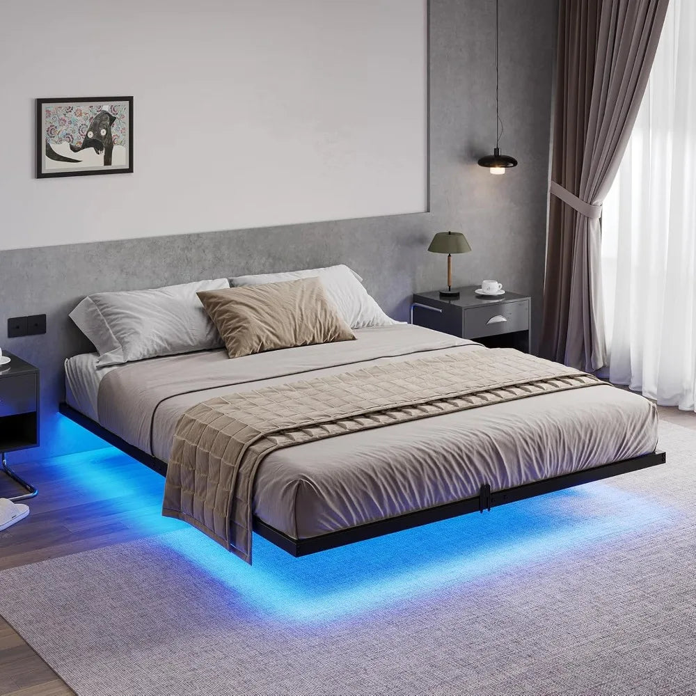 Marco de cama flotante tamaño completo con luces LED, plataforma de metal para cama tamaño completo, no necesita somier, fácil de ensamblar