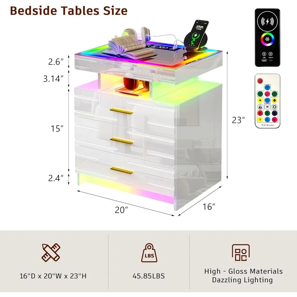 Muebles de dormitorio de cristal con pantalla táctil Mesita de noche con LED RGB Mesita de noche con estación de carga Inicio