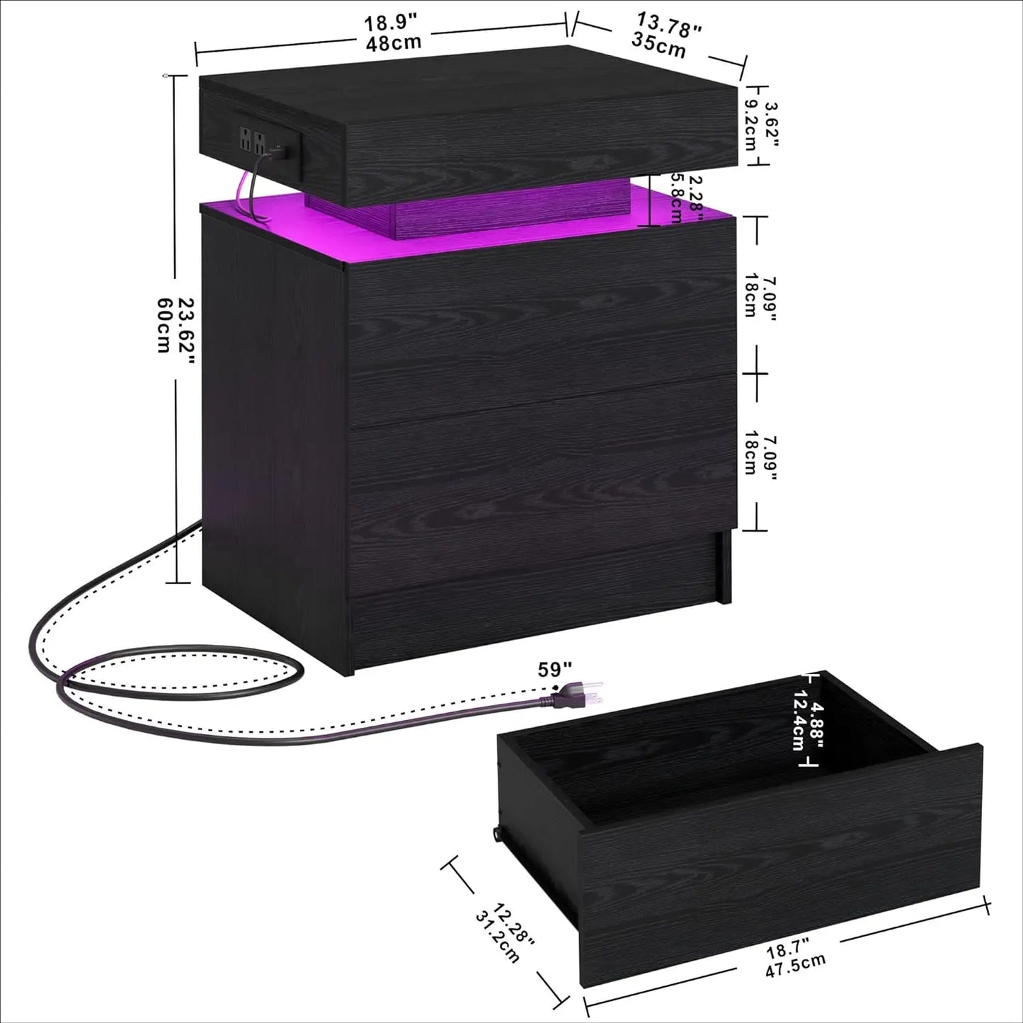 Table de chevet avec station de charge, table de chevet noire moderne avec lumière LED et tiroirs, tables de chevet/table d'appoint pour chambre à coucher