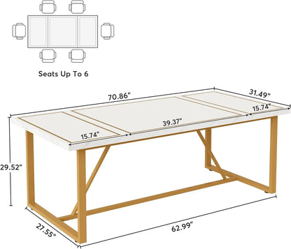 Table à manger de 70,9 pouces pour 6 à 8 personnes, table de cuisine moderne, table de salle à manger, table à manger rectangulaire avec base en métal doré pour la cuisine