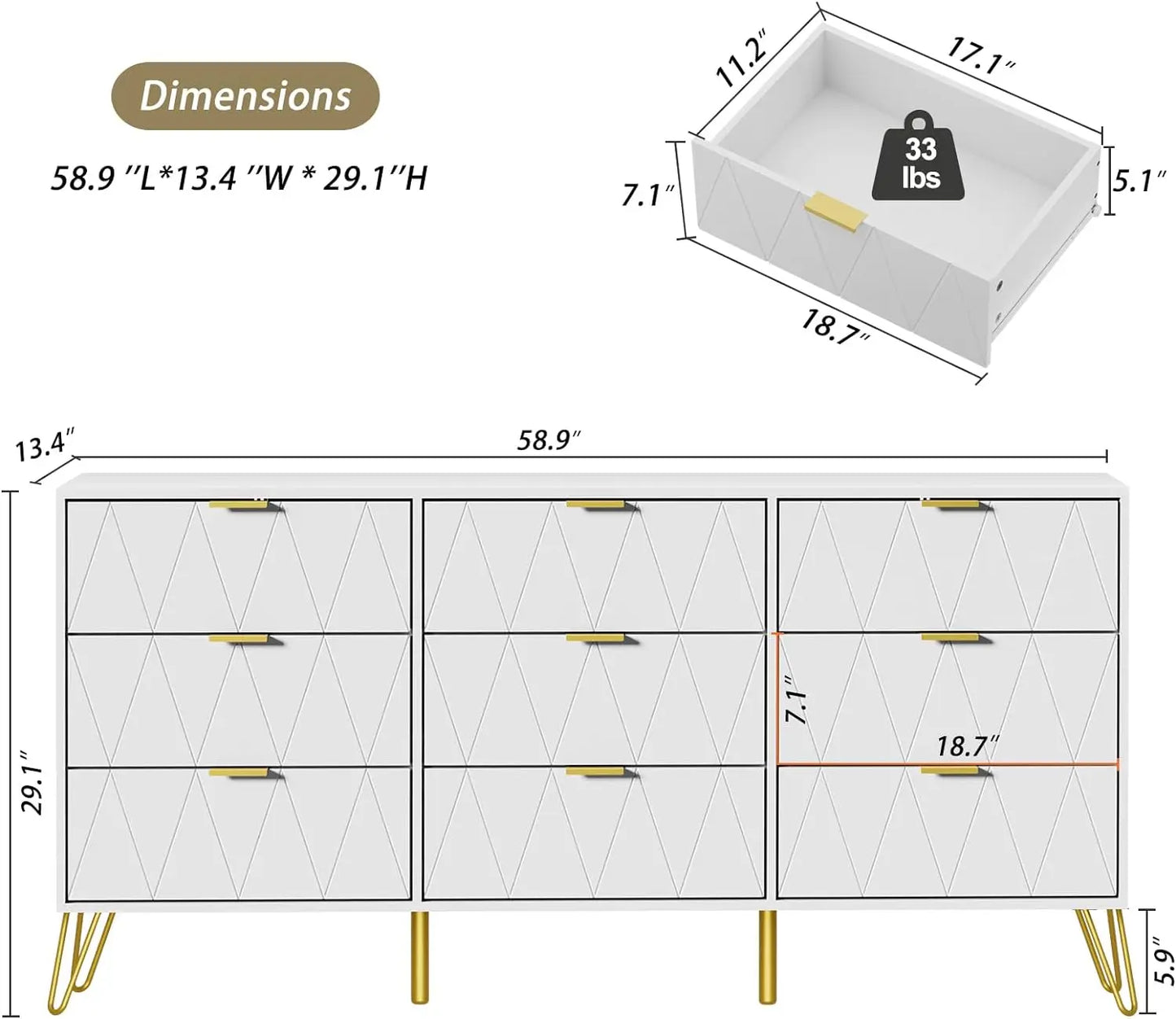 Cómoda con cajones para dormitorio, cómodas y cajones con tiradores dorados, cómodas largas y modernas grandes, organizador de almacenamiento de madera