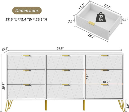 Drawer Dresser for Bedroom, Dressers & Chest of Drawers with Gold Handles, Large Modern Long Dressers Wooden Storage Organizer