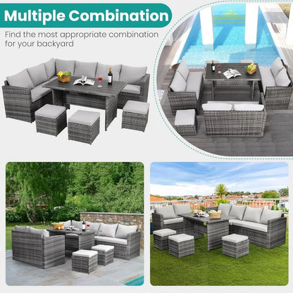 7 Pieces Outdoor Patio Furniture with Dining Table&Chair, Wicker Conversation Set with Ottoman,Grey (Include Sofa Dust Cover)