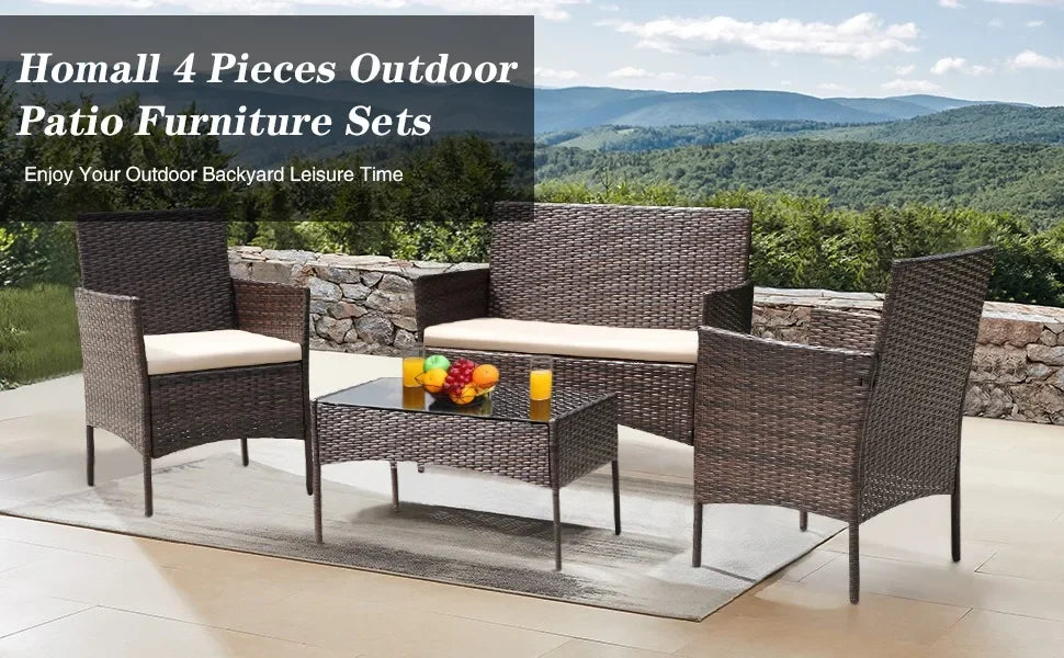 Outdoor Indoor Use Backyard Porch Garden Poolside Balcony Sets Brown and Beige 4 Pieces Furniture Outdoor Furniture Set