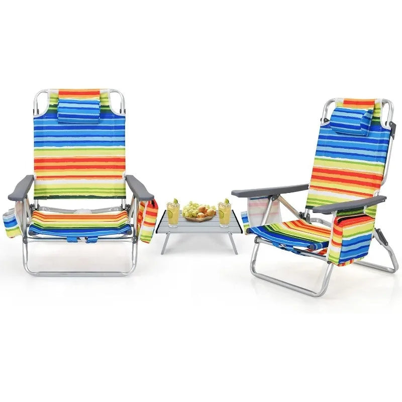 Chaise de plage à dos avec table, chaises de camping à plat à 5 positions avec sac isotherme, 2 porte-gobelets, barre porte-serviettes