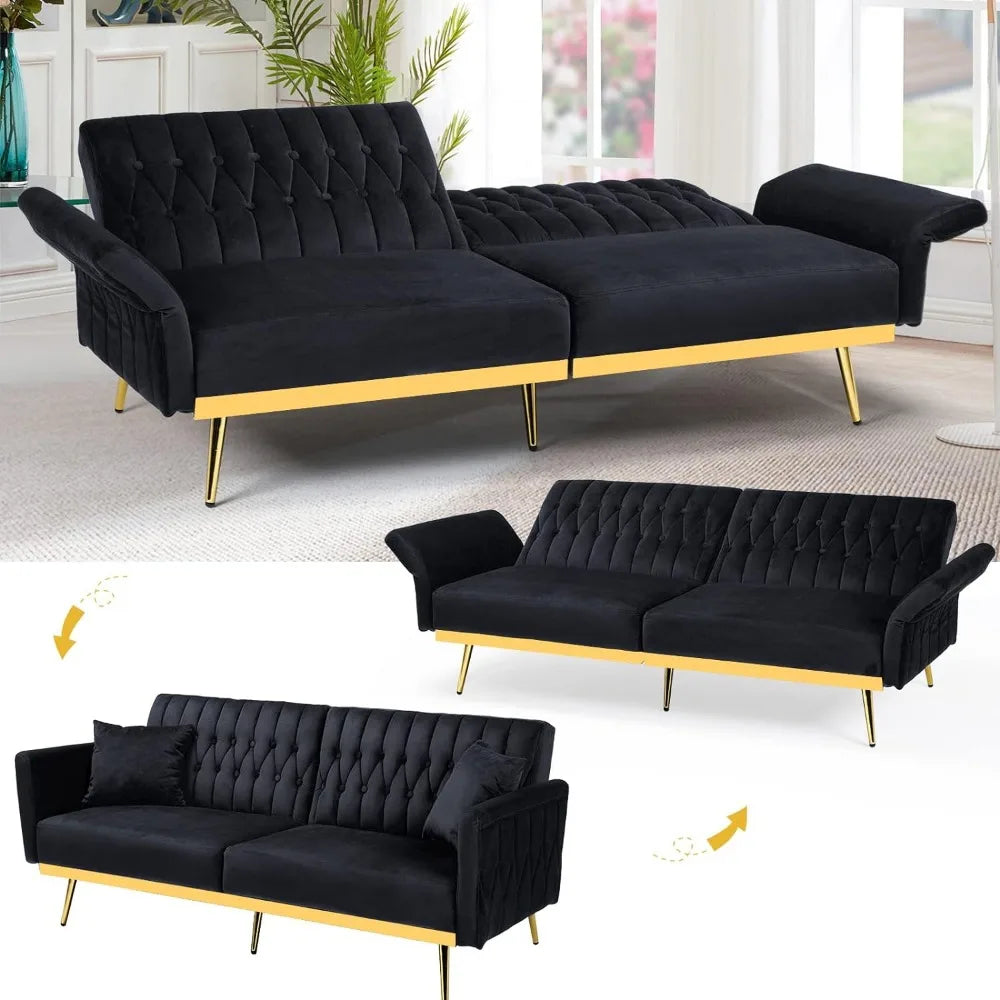 Velvet Futon Sofa Bed with 2 Pillows and Adjustable Armrests, Convertible Sleeper Bed, Sofa