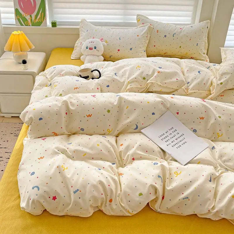 Parure de lit mignonne avec dessin animé, sans remplissage, housse de couette double, drap plat, taie d'oreiller, pour filles et garçons, linge de lit en polyester doux et fin