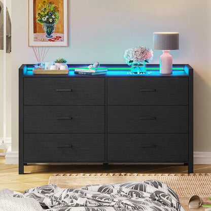 Dresser for Bedroom, 6 Drawer Double Dresser with LED Lights, Wood Chest of Drawers, Modern Storage Dresser for Bedroom, Black