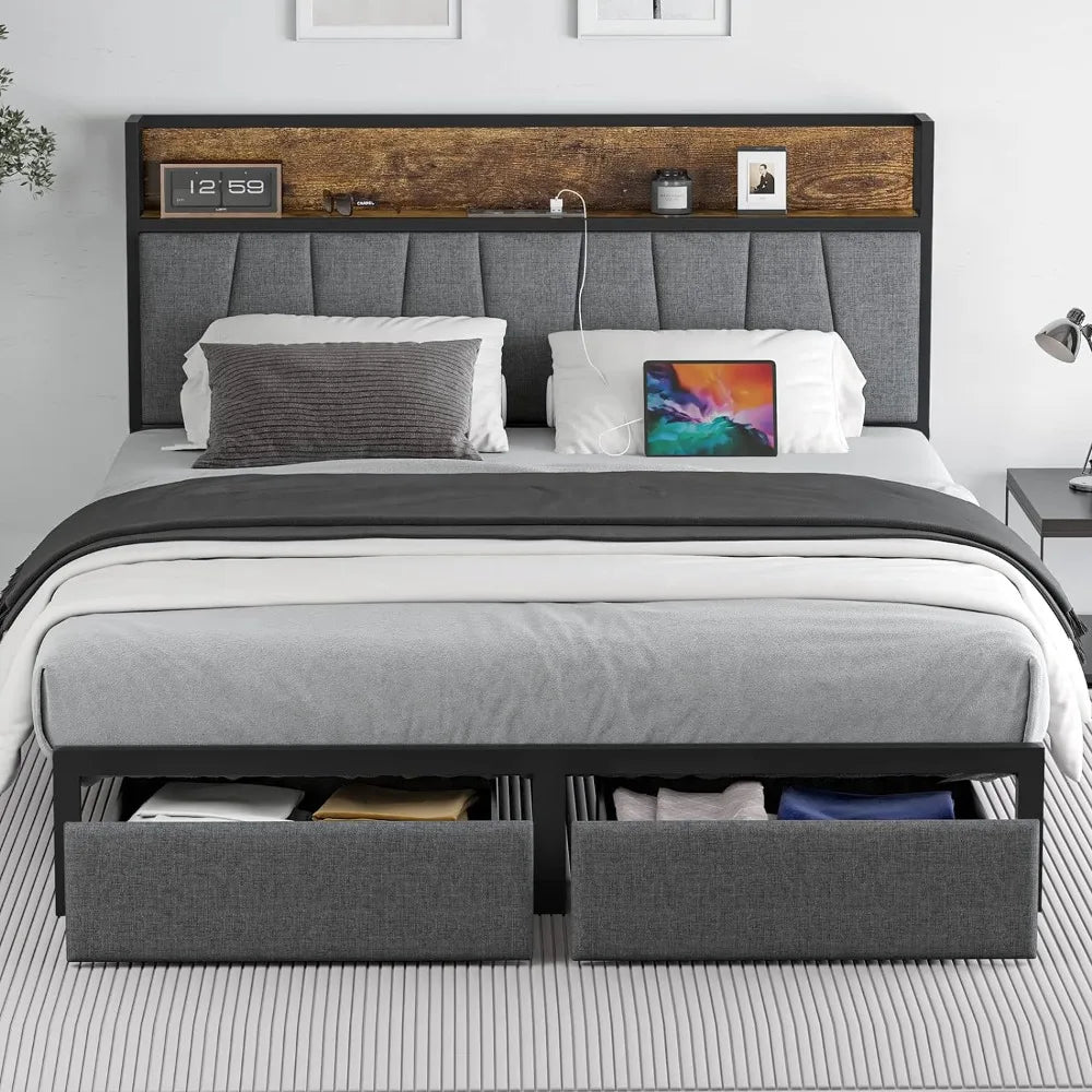 Drawers Platform Bed Frame with Storage Chargin Station LED Light Bed Frame, Heavy Duty, No Box Spring Needed