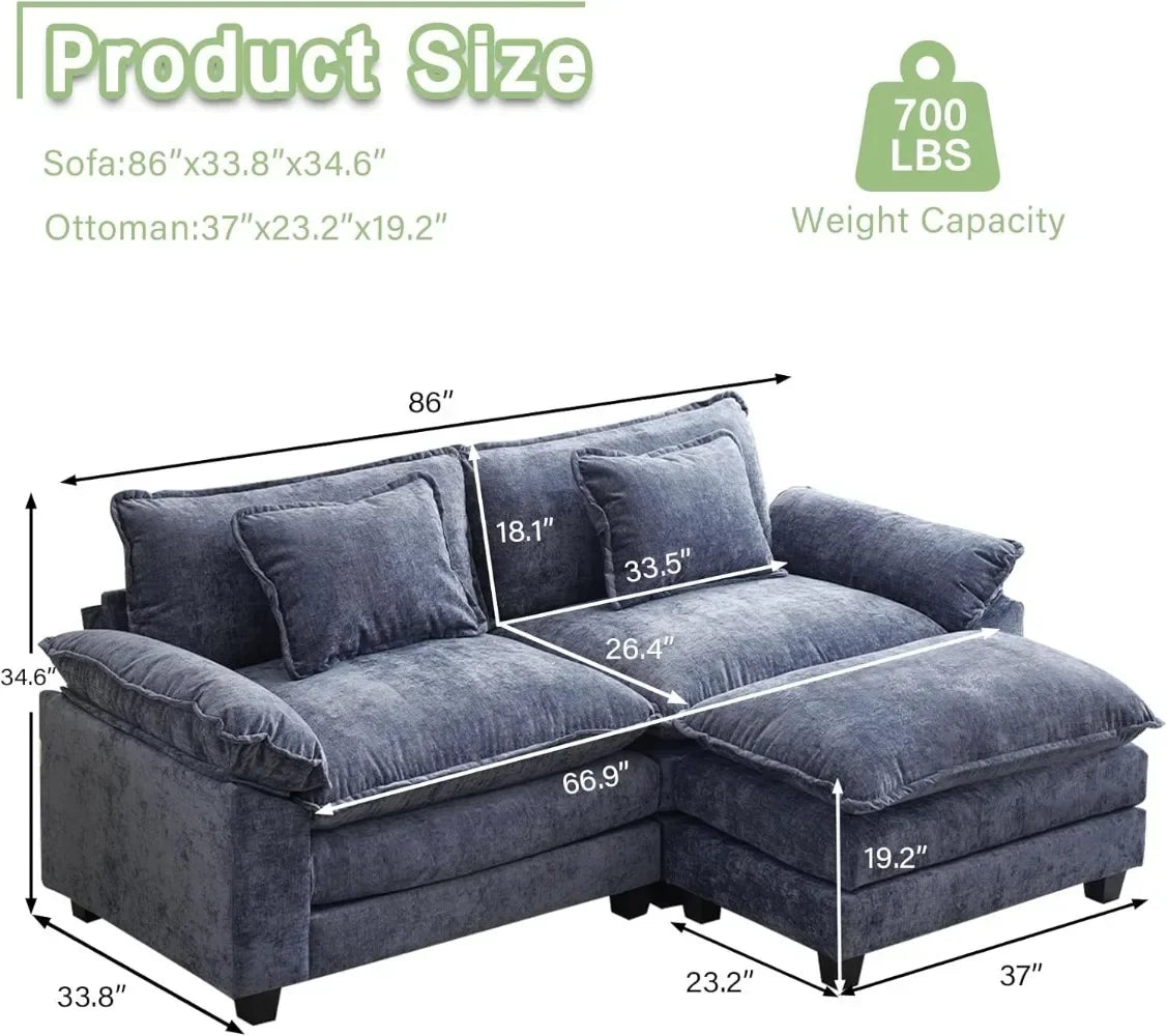 Sectional Sofa Comfy Cloud Couch for Living Room with Pillows, Modern Chenille Sofa Sleeper Deep Couches with Ottoman