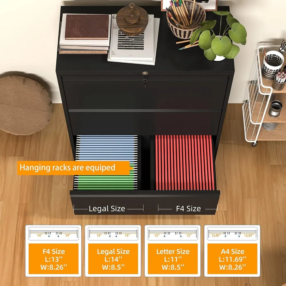 Black Lateral File Cabinet, with Lock3 Drawer Lateral for A4 Size, Metal Steel Locking Wide File Cabinet for Home Office