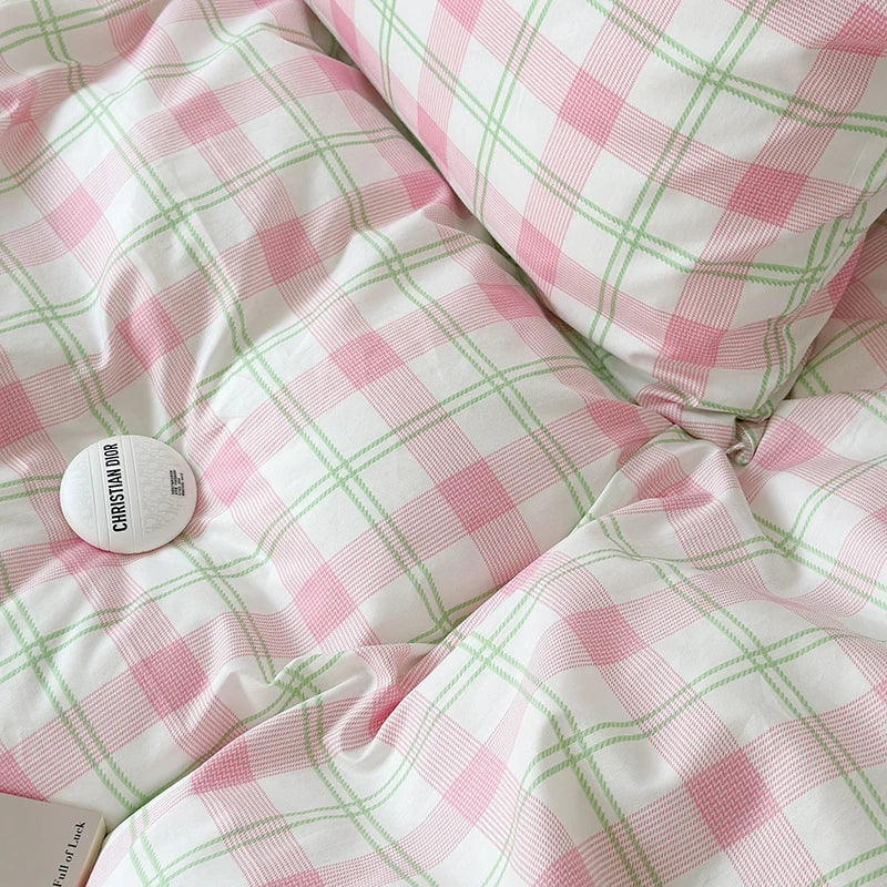 Classic Pink Green Grid Bedding Set Fashion Single Double Bed Linens Cover Quilt Pillowcase for Girl Boy Home Textile