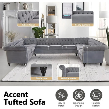 L-Shaped Sofa, Sectional Chesterfield Couch 5-Seater Velvet Upholstered Tufted Sofa with Rolled Armrest for Living Room