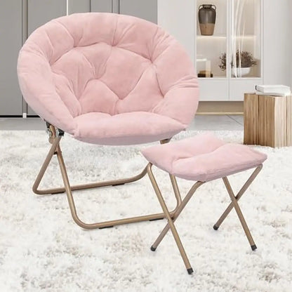 Oversized Foldable Faux Fur Saucer Chair Footstool Metal Frame Cozy Soft Comfy Dorm Living Room Bedroom Lounger 300lbs Capacity